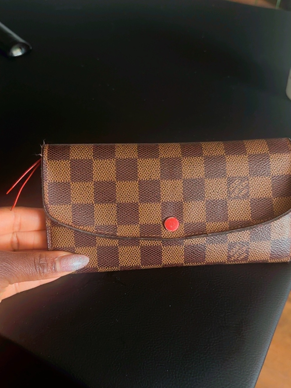 Louis Vuitton Brown Checkered Wallet with Red Snap
